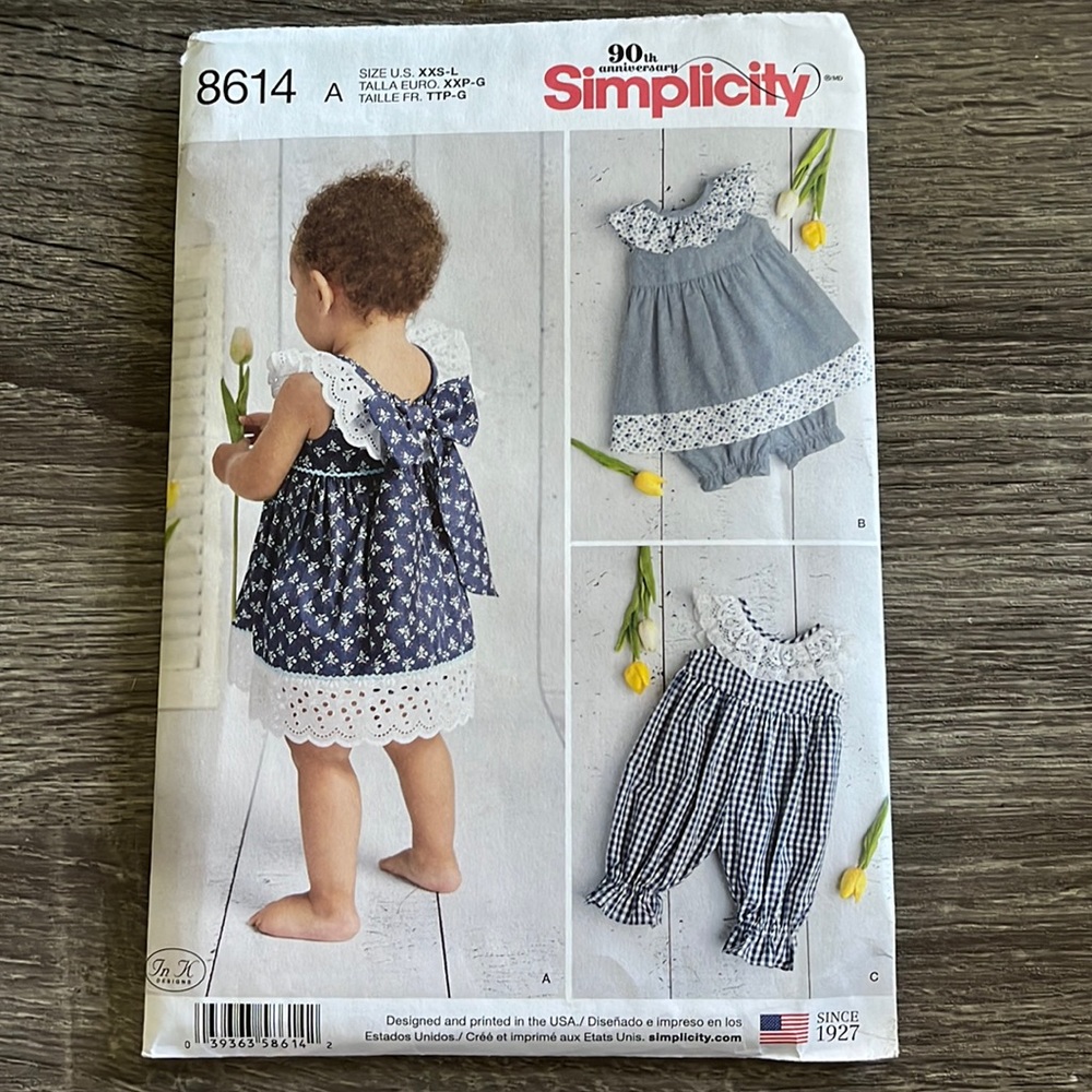 Simplicity 8614A Baby Dress, Underwear, and Romper Sewing Patterns, Sizes XXS-L